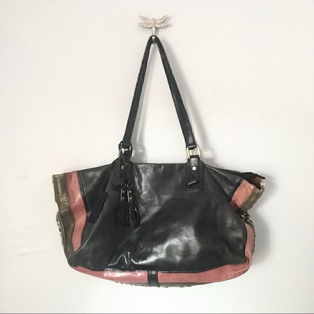 Aqua Madonna leather patchwork shoulder tote bag. Animal print calf skin